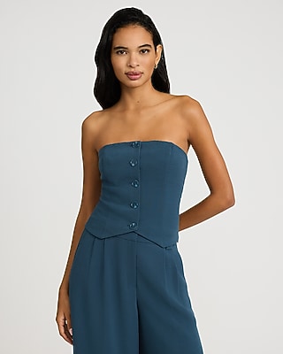 Express Women's Strapless Button Front Tailored Tube Top in Navy Teal