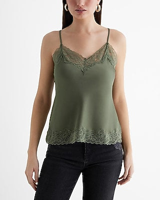 Express Women's Satin Lace Trim V-Neck Downtown Cami in Cactus