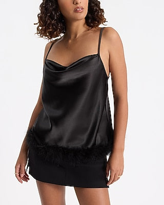 Express Women's Satin Cowl Neck Feather Hem Cami in Black Small