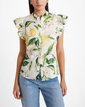 Express Women's Floral Flutter Sleeve Button Up Gramercy Shirt in Yellow Print