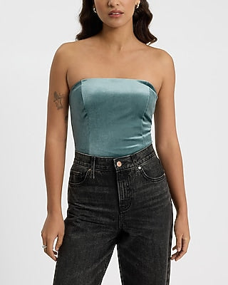 Express Women's Velvet Strapless Bodysuit in Dark Green