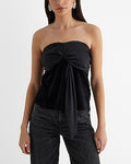 Express Women's Satin Velvet Strapless Tucked Bow Tube Top in Pitch Black