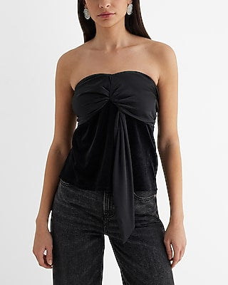 Express Women's Satin Velvet Strapless Tucked Bow Tube Top in Black Small