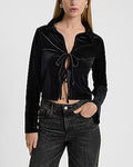 Express Women's Velvet Long Sleeve Collared Tie Front Top in Pitch Black