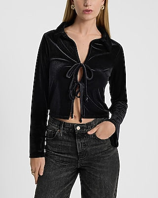Express Women's Velvet Long Sleeve Collared Tie Front Top in Pitch Black