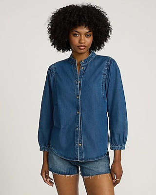 Express Women's Medium Wash Denim Stand Collar Button Up Puff Sleeve Shirt in Blue Small