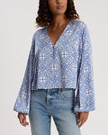 Express Women's Printed V-Neck Balloon Sleeve Button Up Shirt in Blue Print