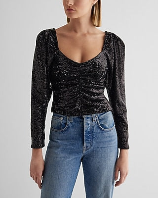Express Women's Sequin Sweetheart Neckline Puff Sleeve Ruched Front Top in Pitch Black