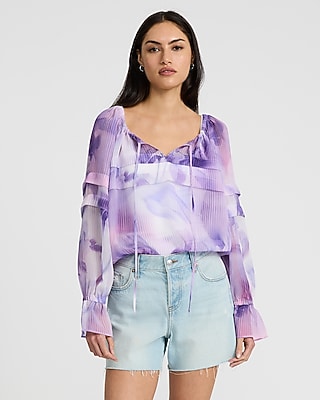 Express Women's Printed Ruffle Tie Neck Long Sleeve Top in Purple Small