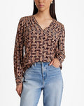 Express Women's Printed V-Neck Smocked Shoulder Top in Neutral Print