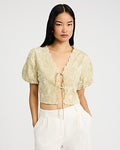 Express Women's Linen-Blend Embroidered Floral Puff Sleeve Tie Front Top in Olive Green
