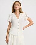 Express Women's Sheer Eyelet Short Sleeve Shirt in White