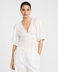 Express Women's Textured Cotton V-Neck Puff Sleeve Top in White