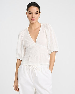 Express Women's Textured Cotton V-Neck Puff Sleeve Top in White