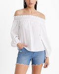 Express Women's Poplin Off The Shoulder Balloon Sleeve Smocked Top in White