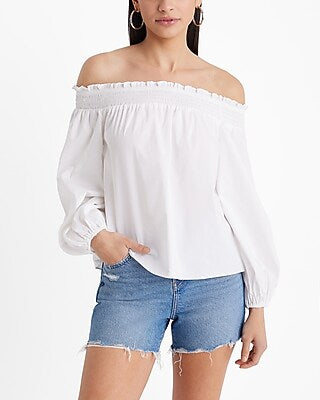 Express Women's Poplin Off The Shoulder Balloon Sleeve Smocked Top in White