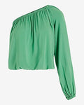 Express Women's One Shoulder Balloon Sleeve Ruched Top in Green Small