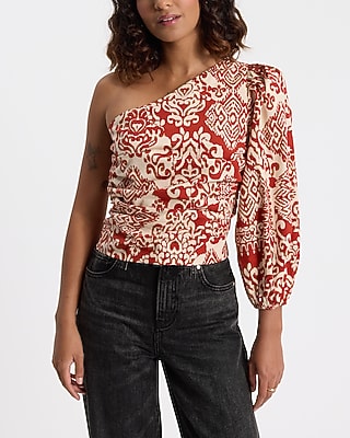 Express Women's in Printed One Shoulder Balloon Sleeve Ruched Top