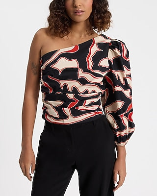 Express Women's Abstract Printed One Shoulder Balloon Sleeve Ruched Top in Brown Plaid