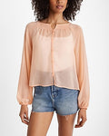 Express Women's Sheer Smocked Balloon Sleeve Button Up Shirt in Orange Small
