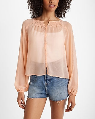 Express Women's Sheer Smocked Balloon Sleeve Button Up Shirt in Peach Nectar
