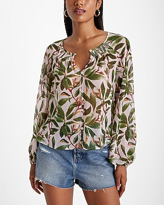 Express Women's Floral Sheer Smocked Balloon Sleeve Button Up Shirt in Multi