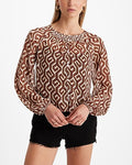 Express Women's Printed Sheer Smocked Balloon Sleeve Button Up Shirt in Multi