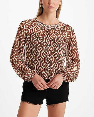 Express Women's Printed Sheer Smocked Balloon Sleeve Button Up Shirt in Multi