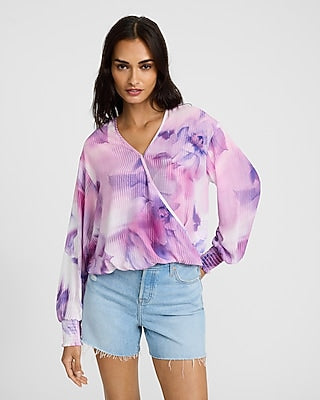Express Women's Printed V-Neck Long Sleeve Surplice Top in Purple Print