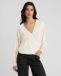 Express Women's V-Neck Long Sleeve Surplice Top in Sandshell