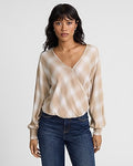 Express Women's Plaid V-Neck Long Sleeve Surplice Top in Print