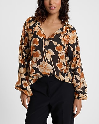 Express Women's Floral Tie V-Neck Long Sleeve Blouse in Black Print