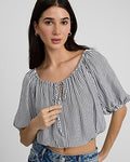 Express Women's Striped Short Sleeve Tie Front Crop Top in Navy Stripe