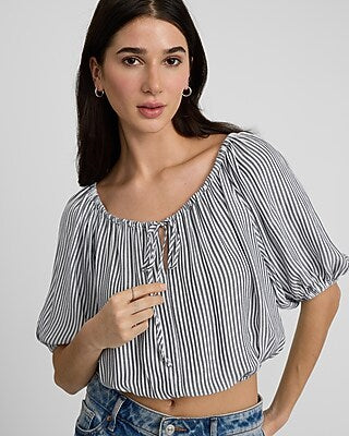 Express Women's Striped Short Sleeve Tie Front Crop Top in Navy Stripe