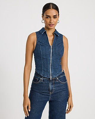 Express Women's Denim Striped Zip Front Crop Top in Medium Wash