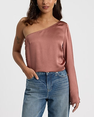 Express Women's Satin One Shoulder Bell Sleeve Top in Vintage Peach