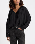 Express Women's V-Neck Button Up Ruched Top in Pitch Black