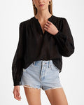 Express Women's Sheer V-Neck Balloon Sleeve Gathered Front Top in Pitch Black