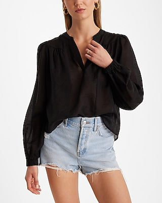 Express Women's Sheer V-Neck Balloon Sleeve Gathered Front Top in Pitch Black