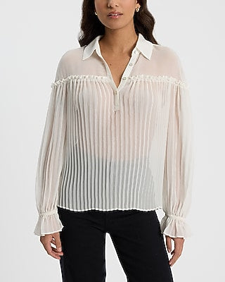 Express Women's Sheer Collared Long Sleeve Pleated Top in White Small