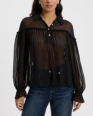 Express Women's Sheer Collared Long Sleeve Pleated Top in Pitch Black