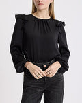 Express Women's Crew Neck Long Sleeve Ruffle Top in Pitch Black