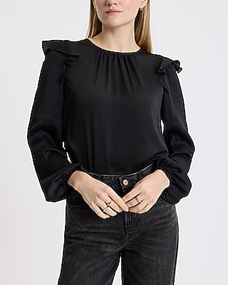 Express Women's Crew Neck Long Sleeve Ruffle Top in Pitch Black