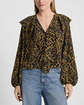 Express Women's Leopard Ruffle Button Front Long Sleeve Top in Print