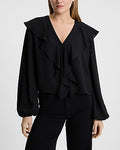Express Women's Ruffle Button Front Long Sleeve Top in Black Small