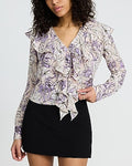 Express Women's Georgette Floral Ruffle Front Long Sleeve Top in Multi