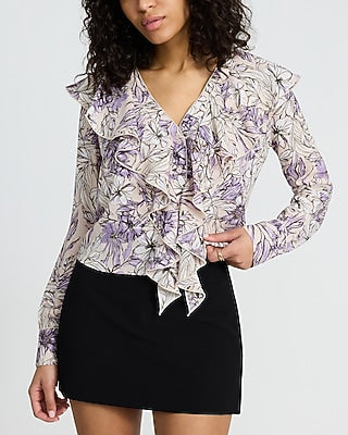 Express Women's Georgette Floral Ruffle Front Long Sleeve Top in Multi