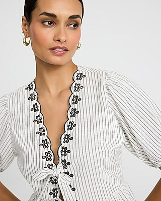 Express Women's Linen-Blend Striped Eyelet Scalloped Tie Front Top Small