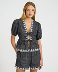 Express Women's Linen-Blend in Striped Eyelet Scalloped Tie Front Top