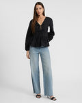 Express Women's Tie Front Long Sleeve Peplum Top in Black Small